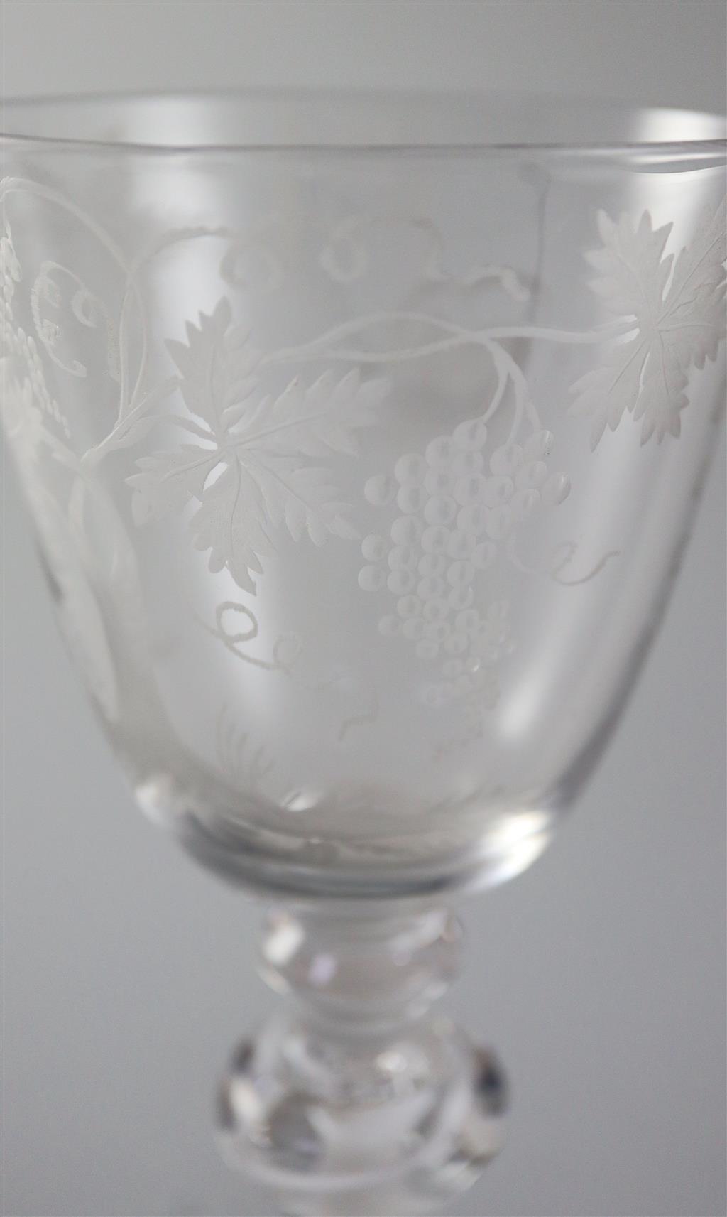 A cotton stem goblet, English or Dutch, c.1765-70, with Beilby design engraving, 19.5cm high